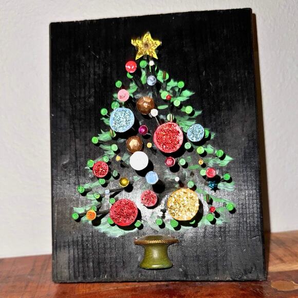 Vintage Handmade Nail Art Christmas Tree Plaque | Mixed Media Wood Decor - Picture 3 of 11